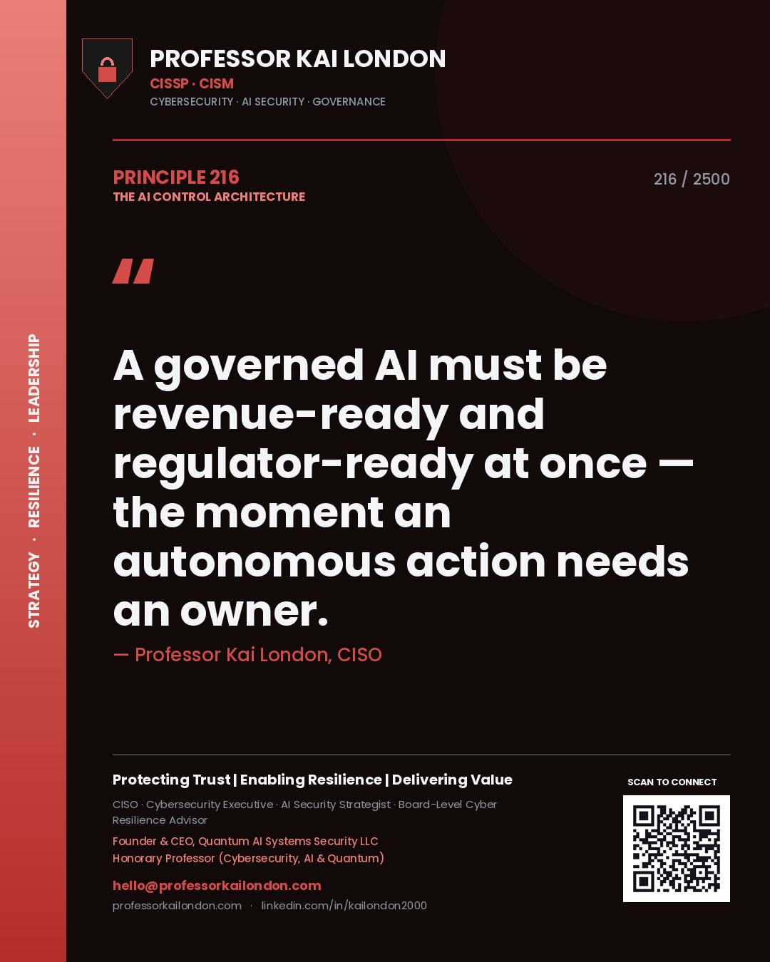 Quote card by Professor Kai London reading 'A governed AI must be revenue-ready and regulator-ready at once — the moment an autonomous action needs an owner.'. From the book The AI Control Architecture.