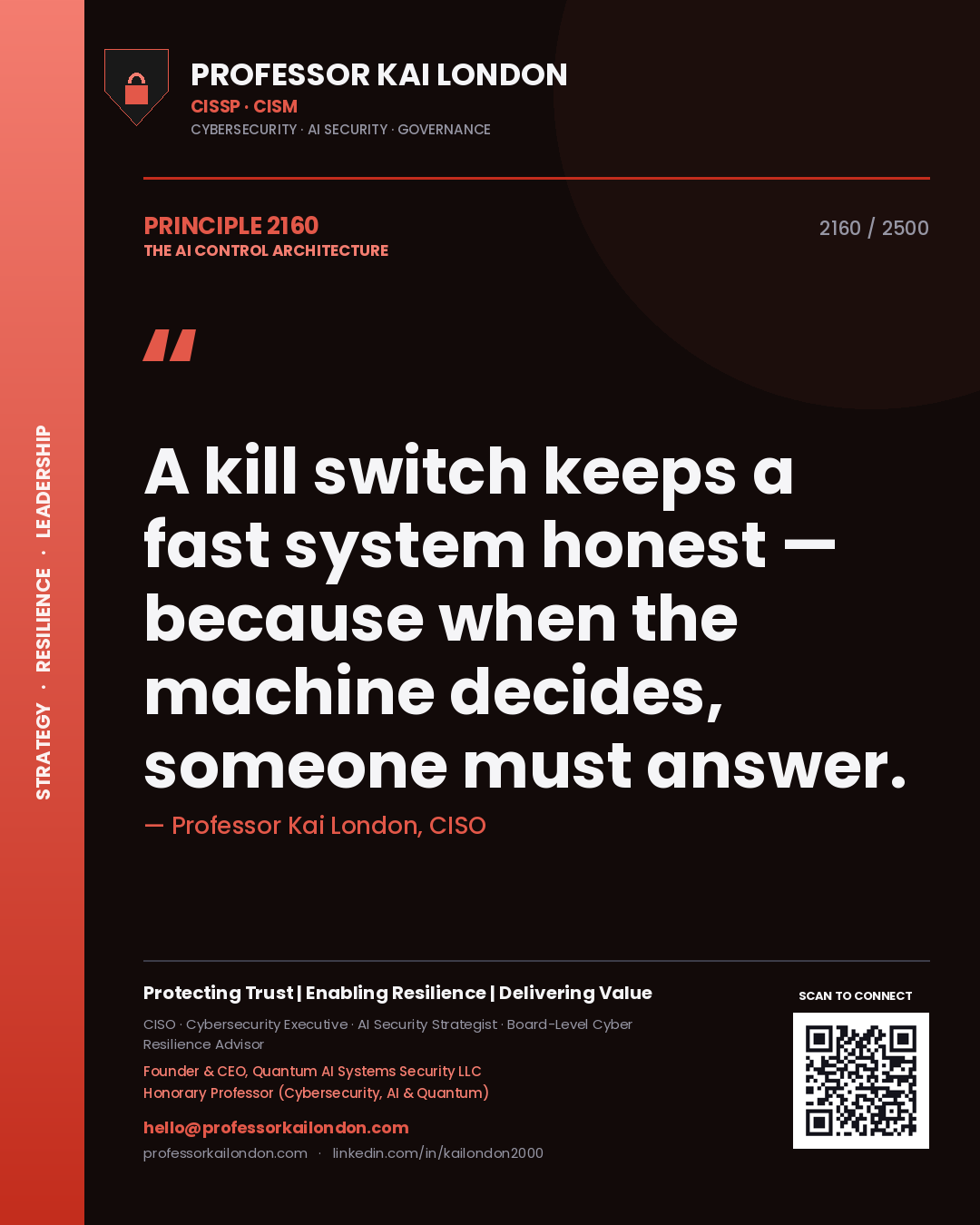 Professor Kai London principle 2160: A kill switch keeps a fast system honest — because when the machine decides, someone must answer.