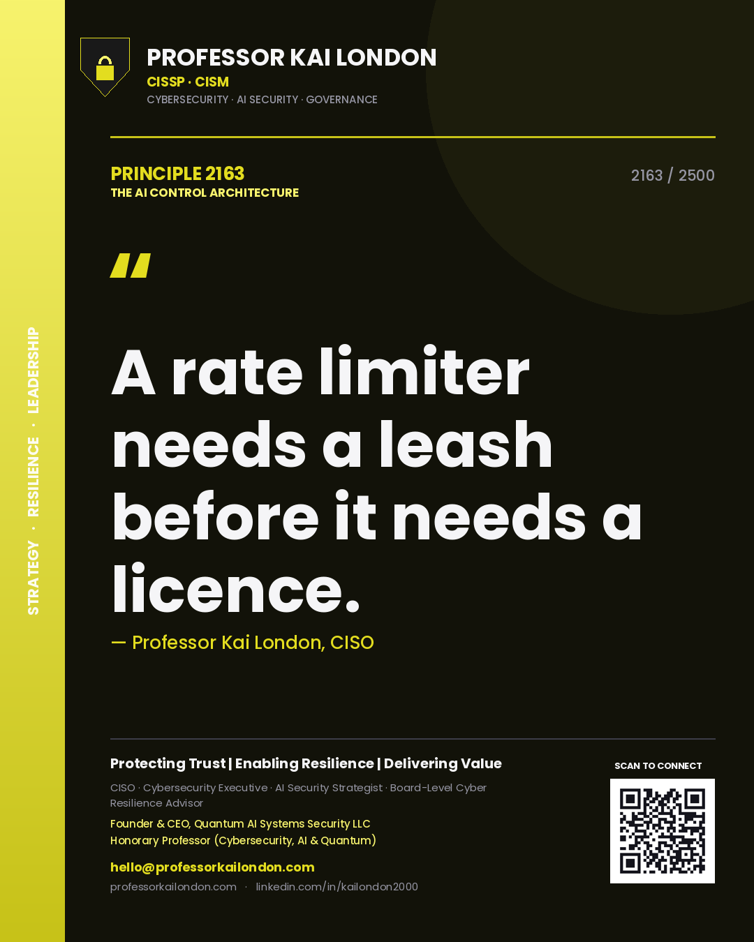 Quote card by Professor Kai London reading 'A rate limiter needs a leash before it needs a licence.'. From the book The AI Control Architecture.
