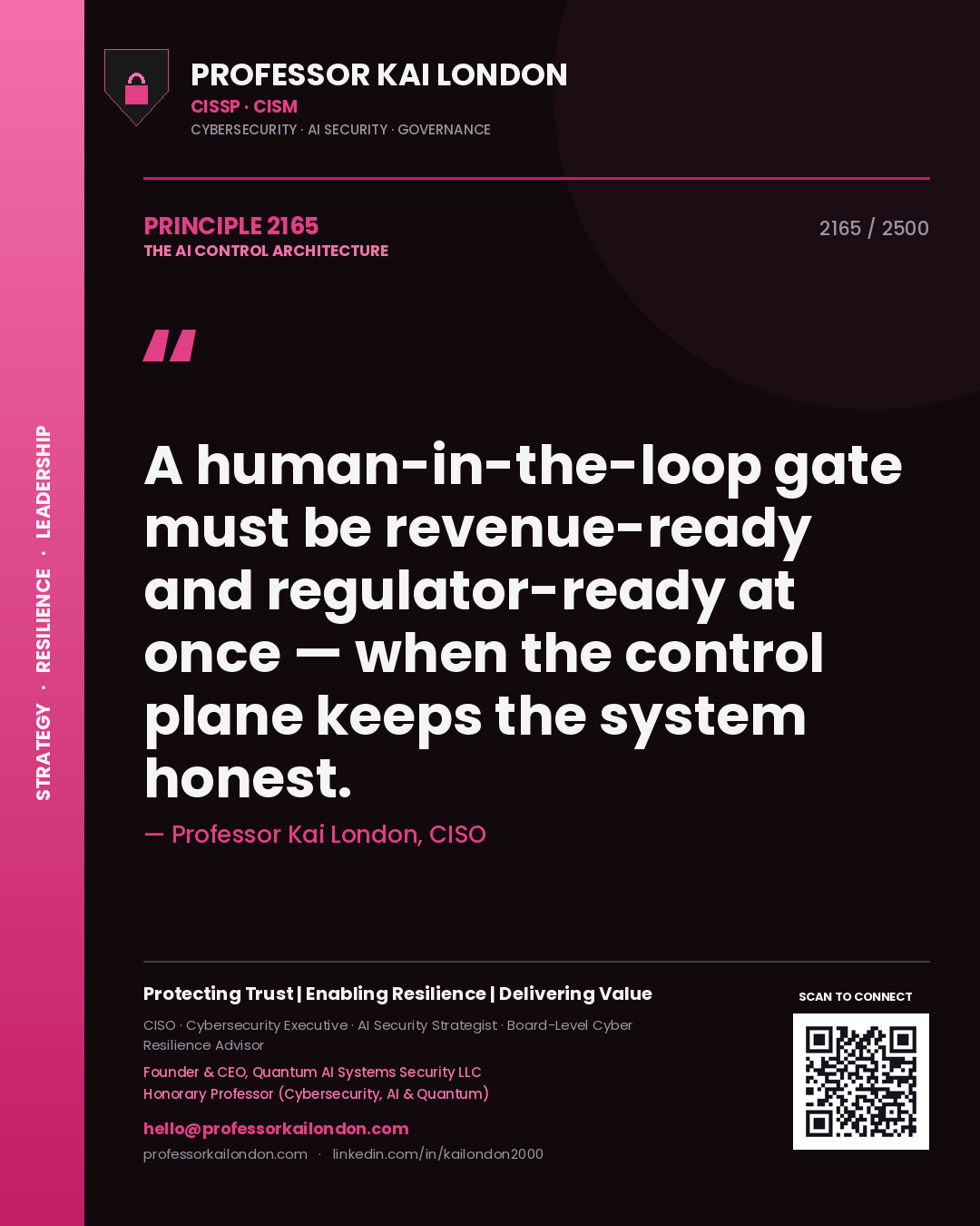Quote card by Professor Kai London reading 'A human-in-the-loop gate must be revenue-ready and regulator-ready at once — when the control plane keeps the system honest.'. From the book The AI Control Architecture.