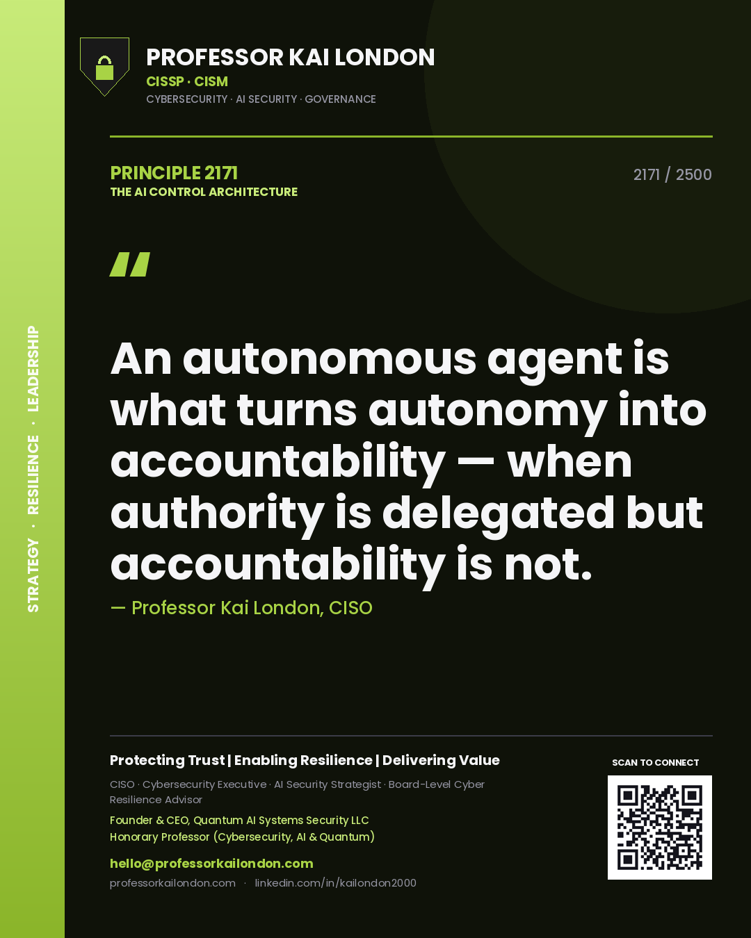 Professor Kai London principle 2171: An autonomous agent is what turns autonomy into accountability — when authority is delegated but accountability is not.
