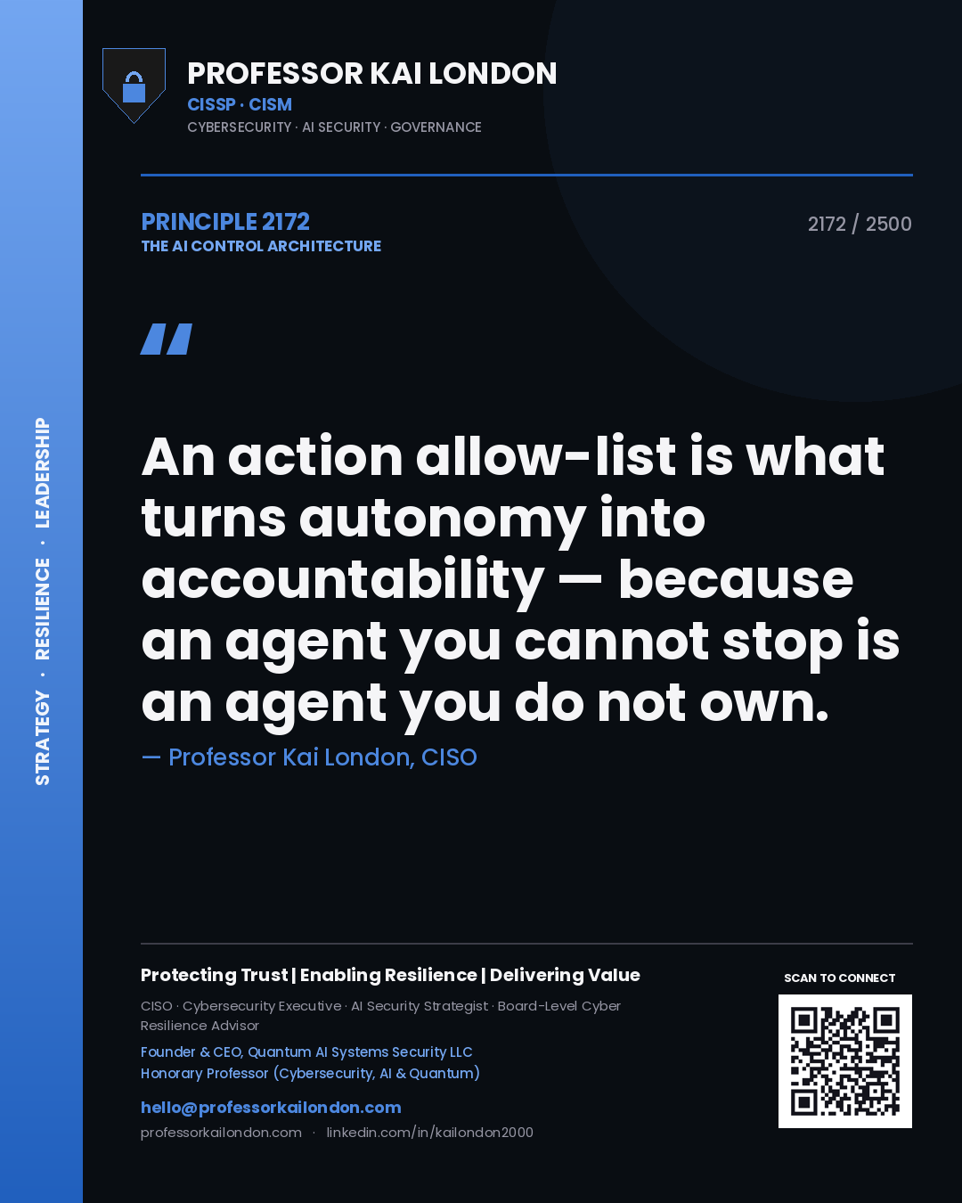 Quote card by Professor Kai London reading 'An action allow-list is what turns autonomy into accountability — because an agent you cannot stop is an agent you do not own.'. From the book The AI Control Architecture.