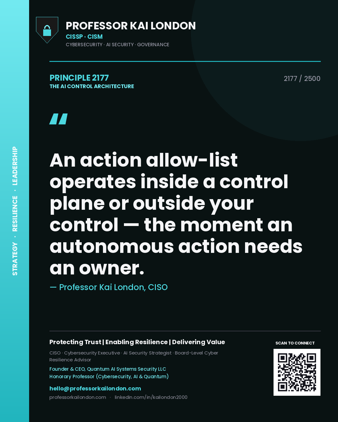 Professor Kai London principle 2177: An action allow-list operates inside a control plane or outside your control — the moment an autonomous action needs an owner.
