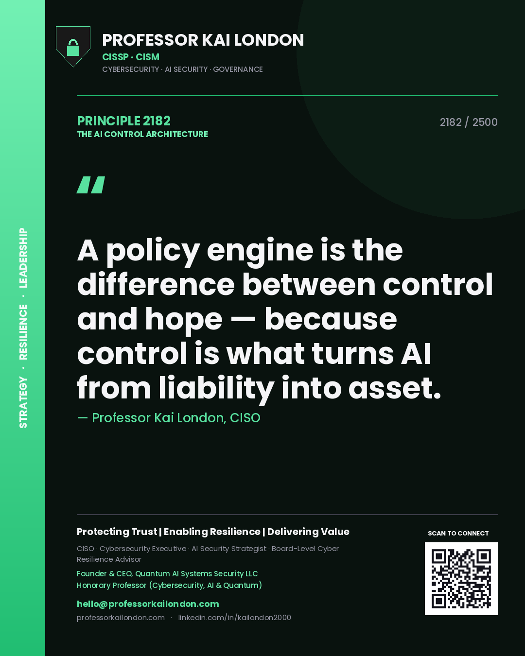 Professor Kai London principle 2182: A policy engine is the difference between control and hope — because control is what turns AI from liability into asset.