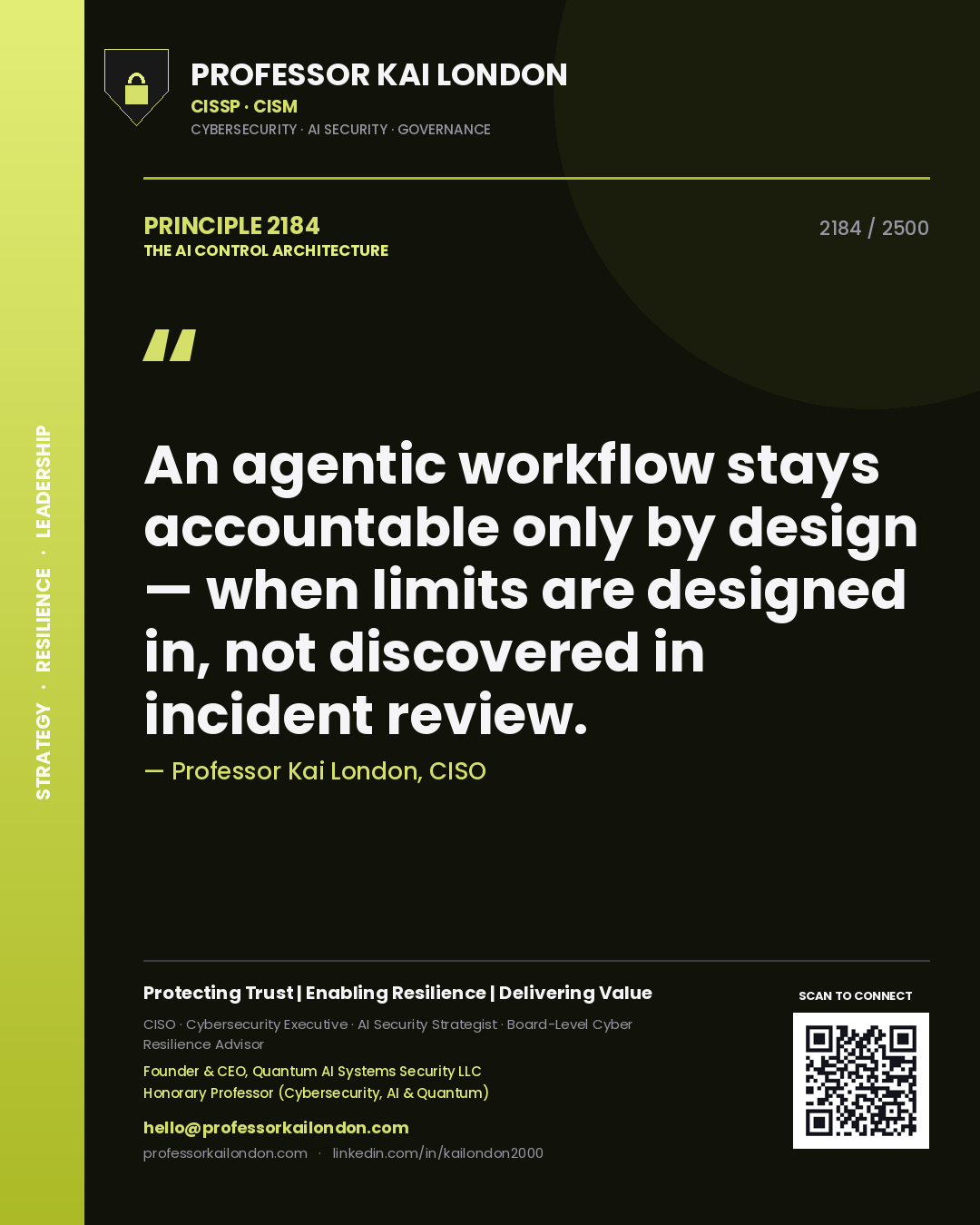 Professor Kai London principle 2184: An agentic workflow stays accountable only by design — when limits are designed in, not discovered in incident review.