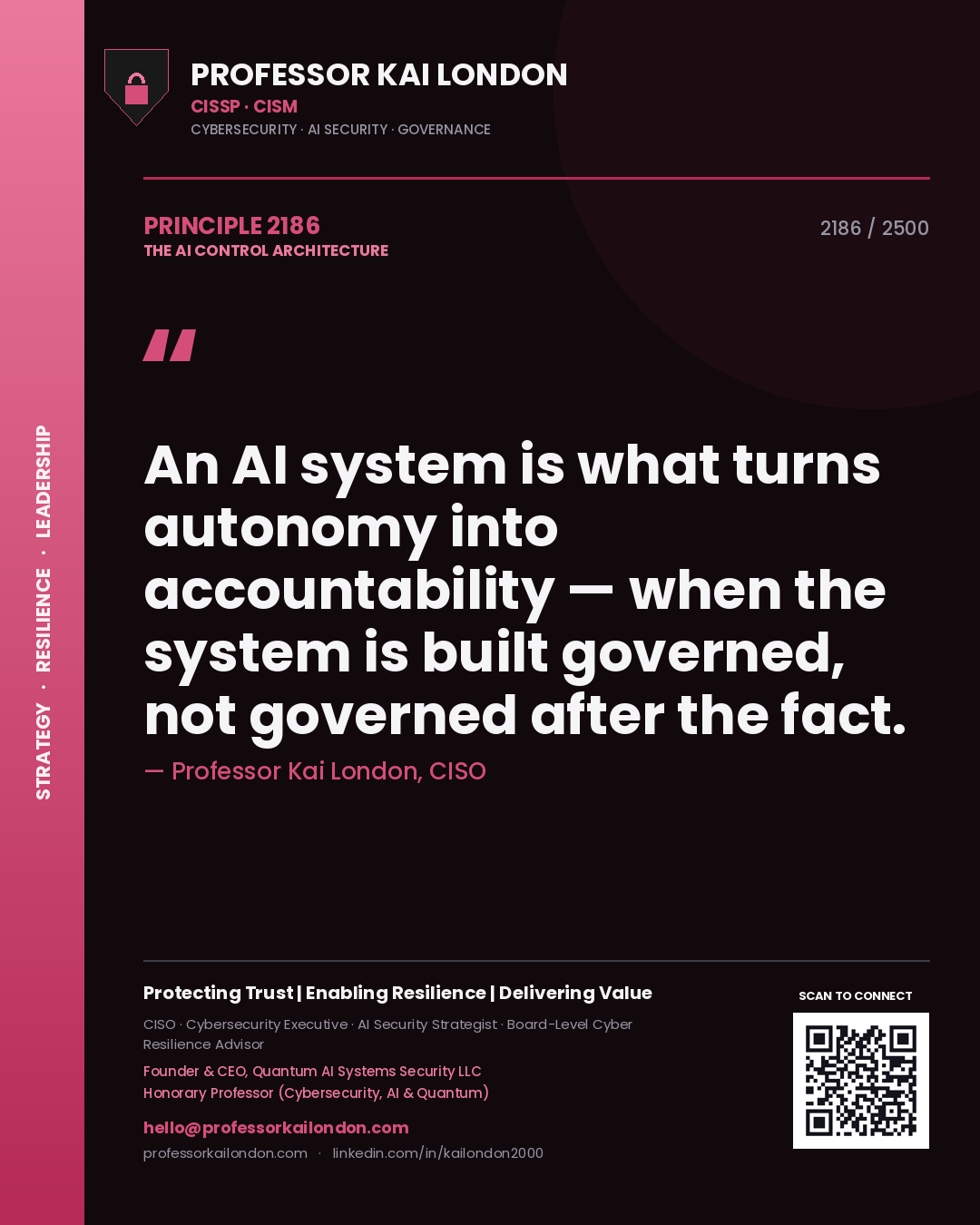 Professor Kai London principle 2186: An AI system is what turns autonomy into accountability — when the system is built governed, not governed after the fact.