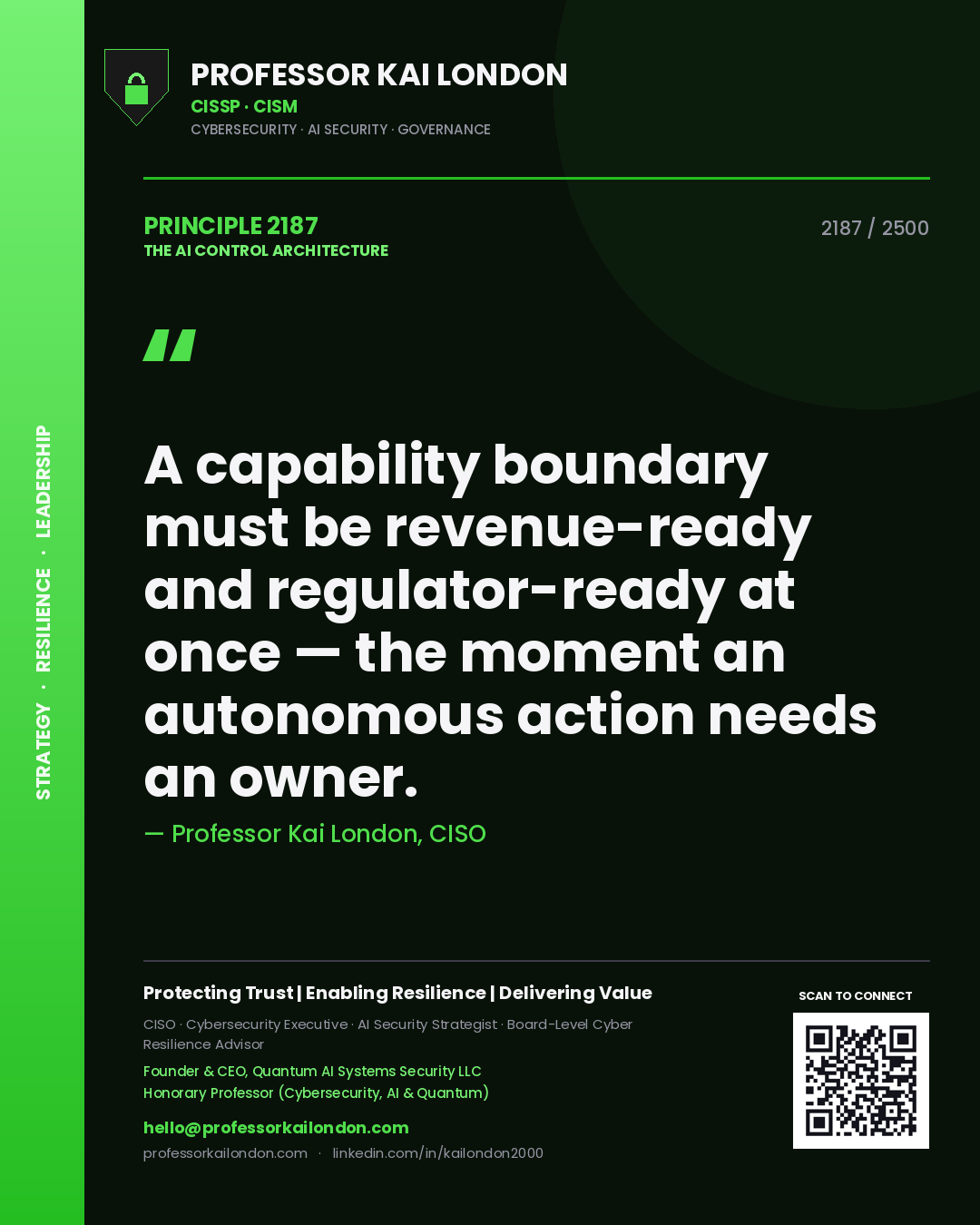 Professor Kai London principle 2187: A capability boundary must be revenue-ready and regulator-ready at once — the moment an autonomous action needs an owner.