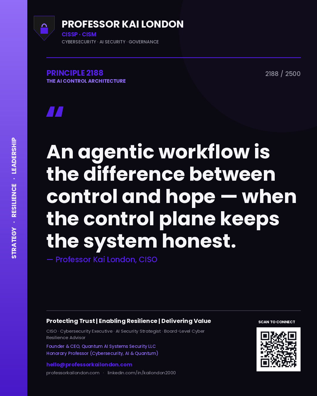 Professor Kai London principle 2188: An agentic workflow is the difference between control and hope — when the control plane keeps the system honest.