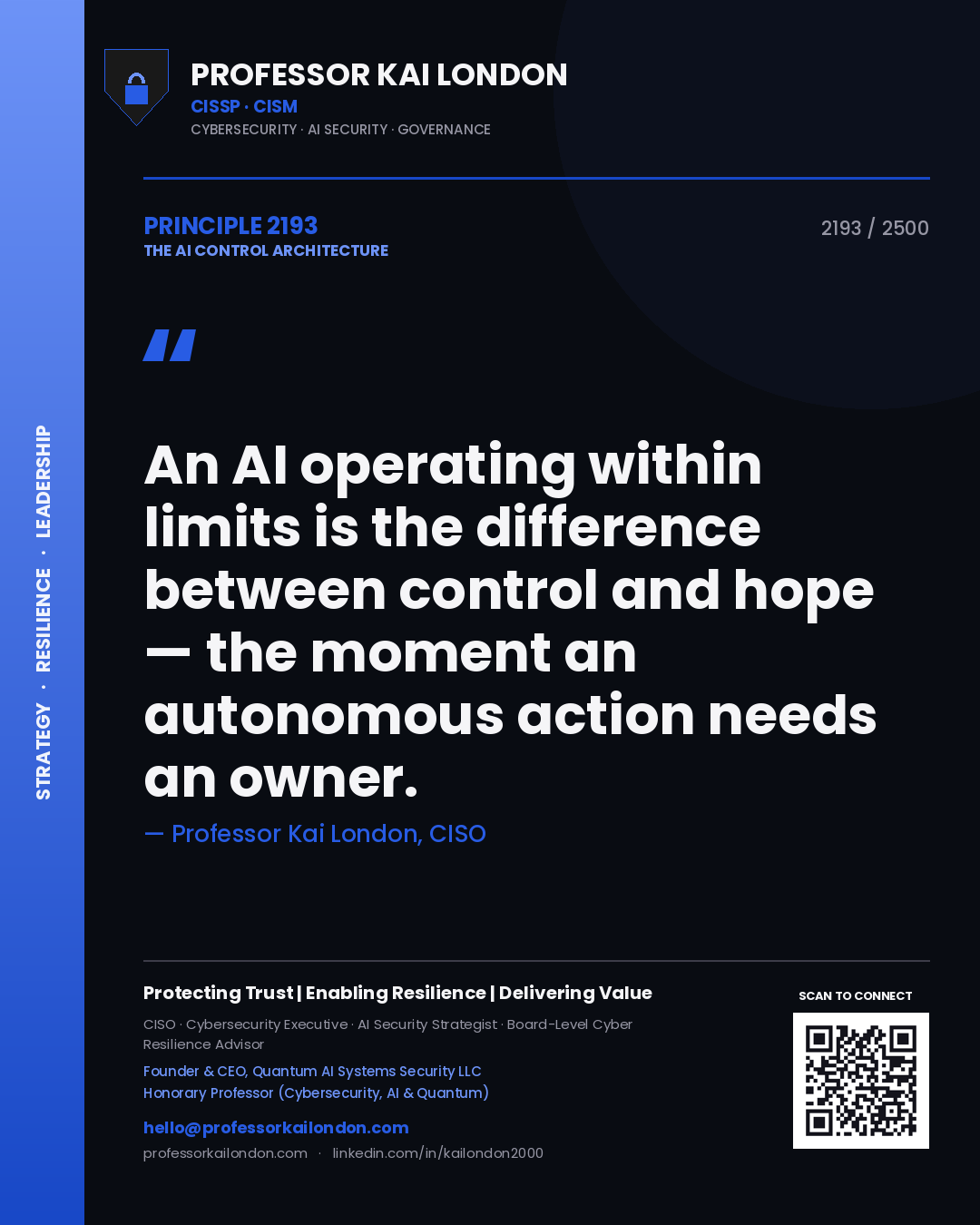 Professor Kai London principle 2193: An AI operating within limits is the difference between control and hope — the moment an autonomous action needs an owner.