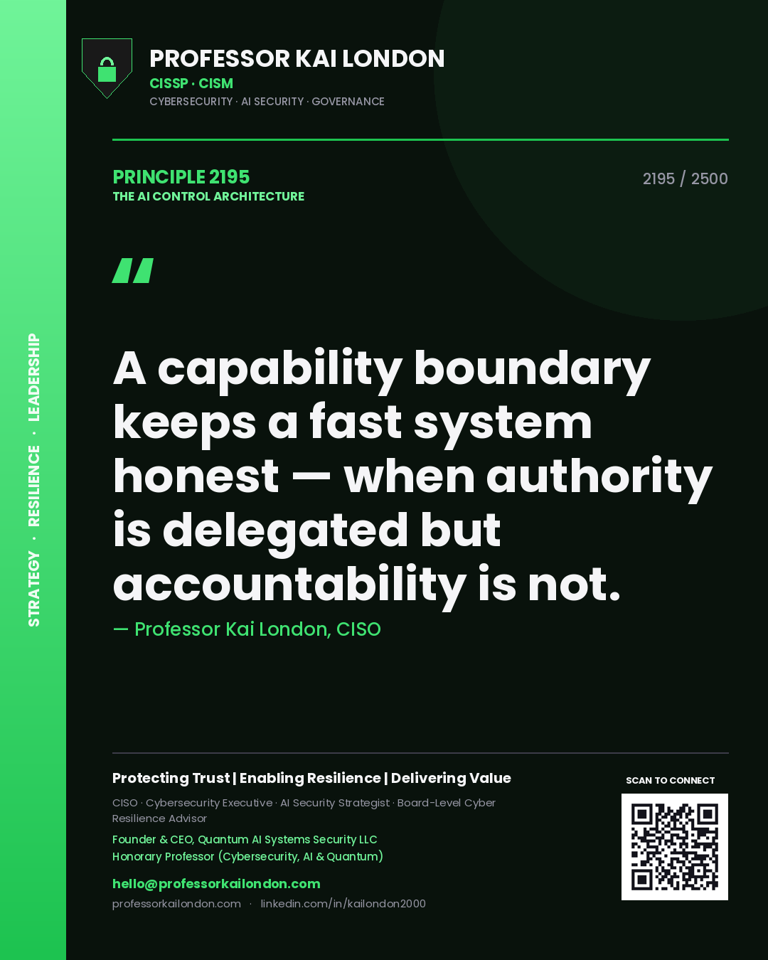 Quote card by Professor Kai London reading 'A capability boundary keeps a fast system honest — when authority is delegated but accountability is not.'. From the book The AI Control Architecture.