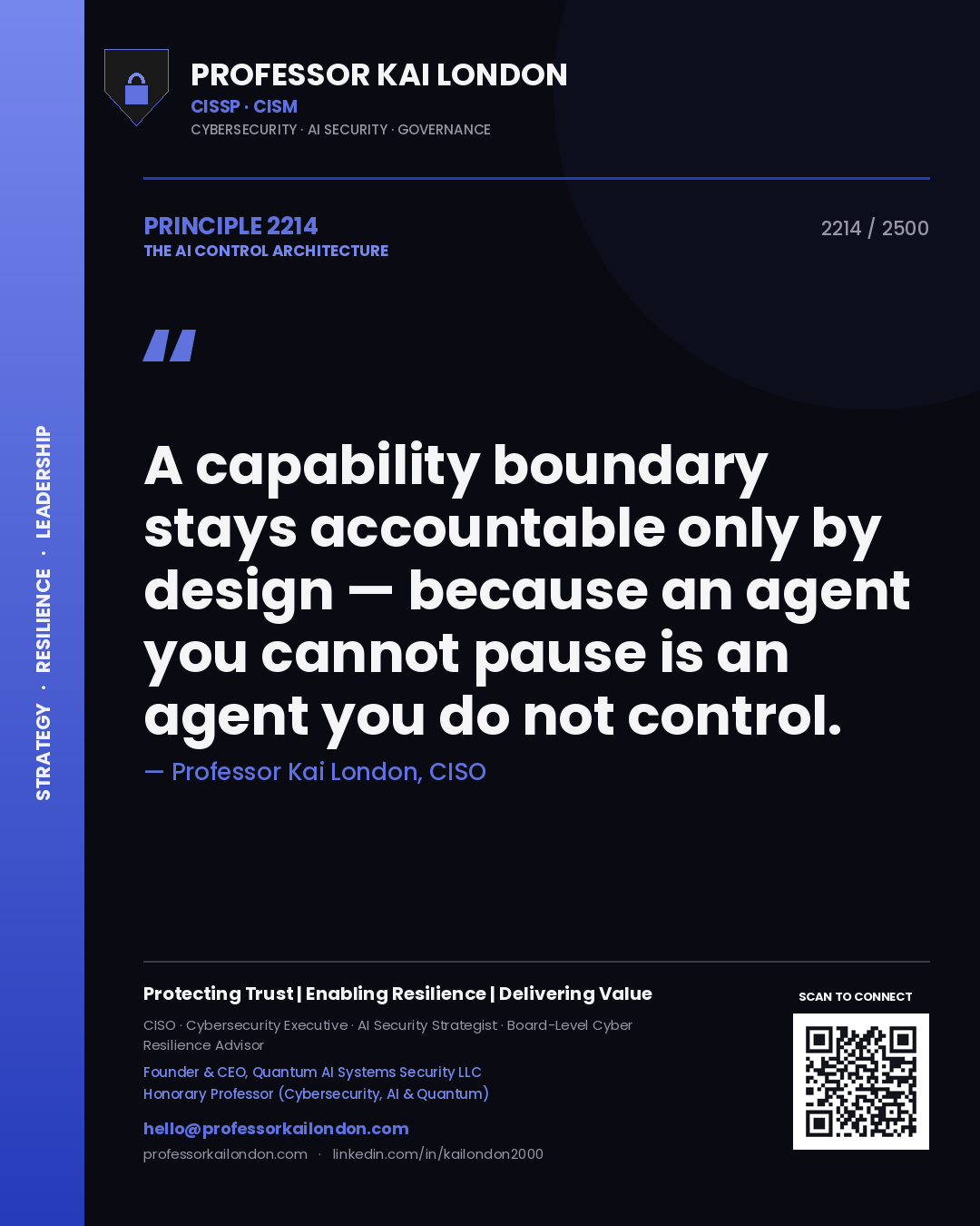 Professor Kai London principle 2214: A capability boundary stays accountable only by design — because an agent you cannot pause is an agent you do not control.