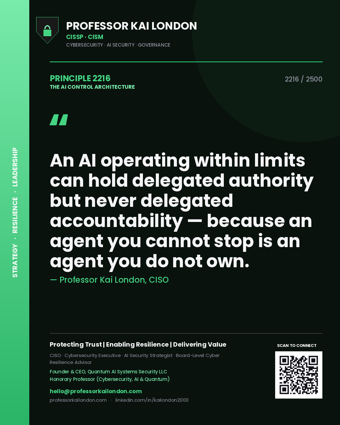 Professor Kai London principle 2216: An AI operating within limits can hold delegated authority but never delegated accountability — because an agent you cannot stop is an agent you do not own.
