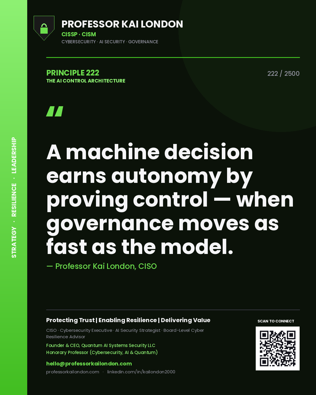 Professor Kai London principle 222: A machine decision earns autonomy by proving control — when governance moves as fast as the model.