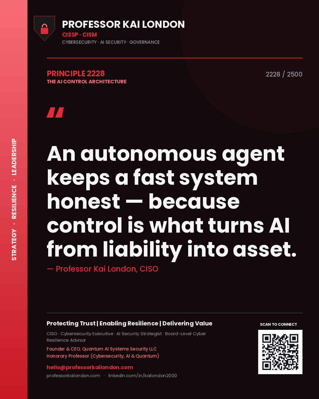 Professor Kai London principle 2228: An autonomous agent keeps a fast system honest — because control is what turns AI from liability into asset.