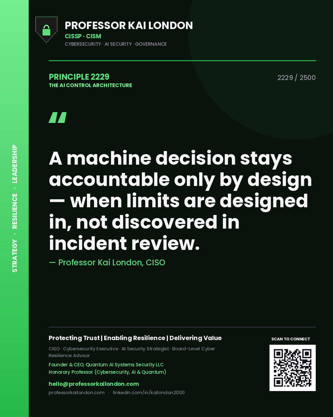 Professor Kai London principle 2229: A machine decision stays accountable only by design — when limits are designed in, not discovered in incident review.
