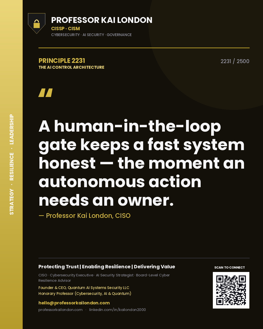 Professor Kai London principle 2231: A human-in-the-loop gate keeps a fast system honest — the moment an autonomous action needs an owner.