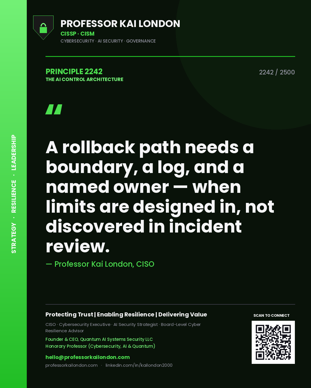 Professor Kai London principle 2242: A rollback path needs a boundary, a log, and a named owner — when limits are designed in, not discovered in incident review.