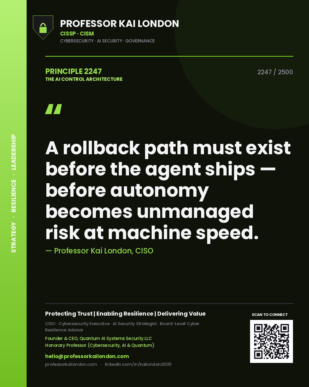 Quote card by Professor Kai London reading 'A rollback path must exist before the agent ships — before autonomy becomes unmanaged risk at machine speed.'. From the book The AI Control Architecture.