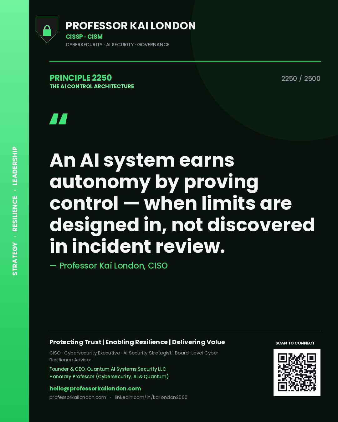 Professor Kai London principle 2250: An AI system earns autonomy by proving control — when limits are designed in, not discovered in incident review.