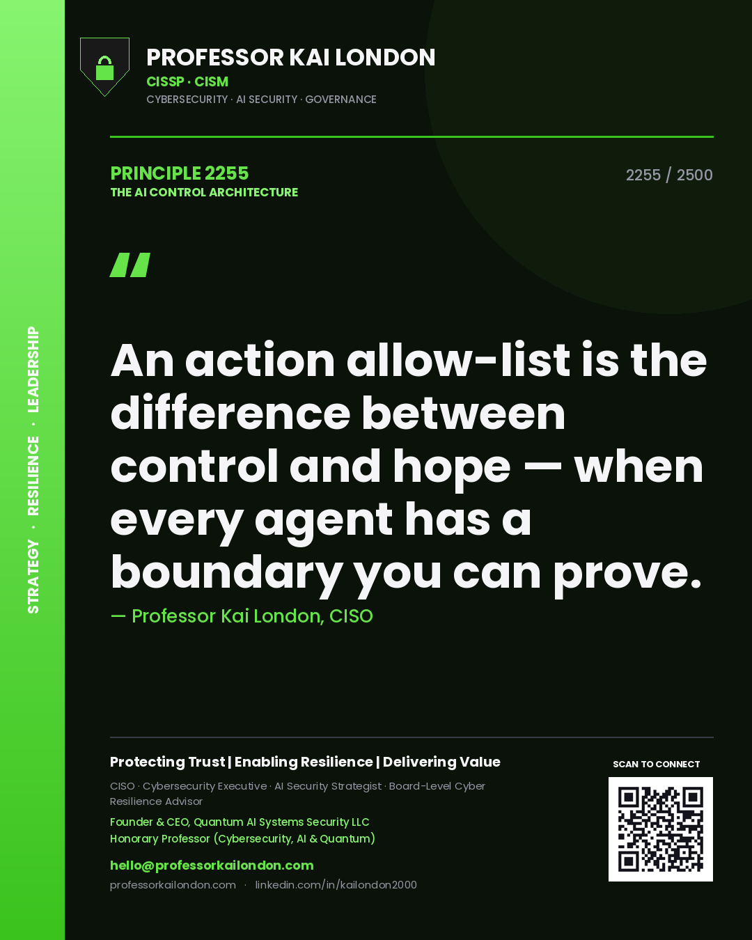 Professor Kai London principle 2255: An action allow-list is the difference between control and hope — when every agent has a boundary you can prove.