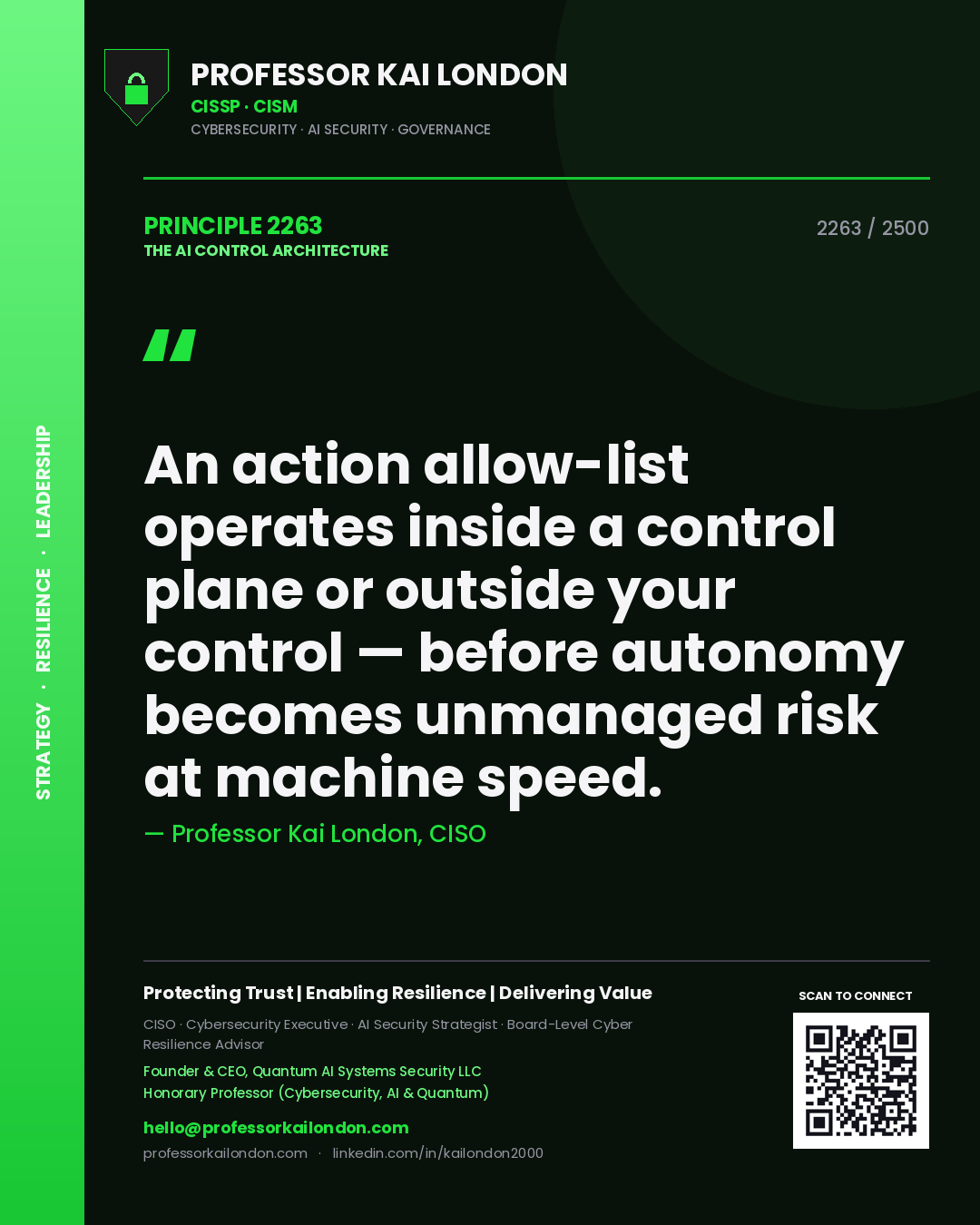 Professor Kai London principle 2263: An action allow-list operates inside a control plane or outside your control — before autonomy becomes unmanaged risk at machine speed.