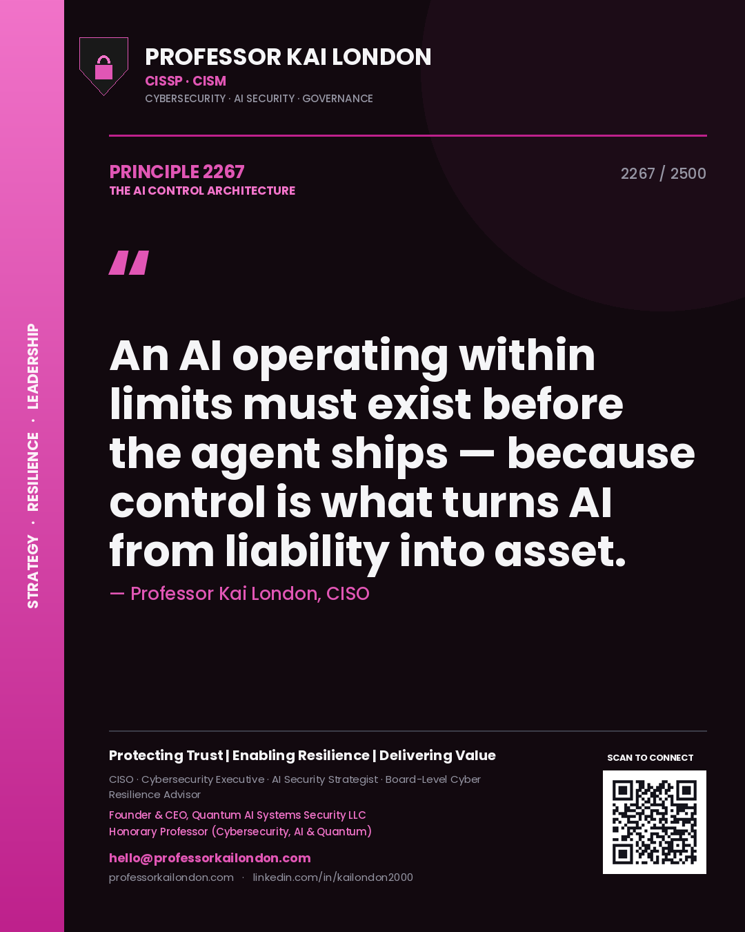 Professor Kai London principle 2267: An AI operating within limits must exist before the agent ships — because control is what turns AI from liability into asset.