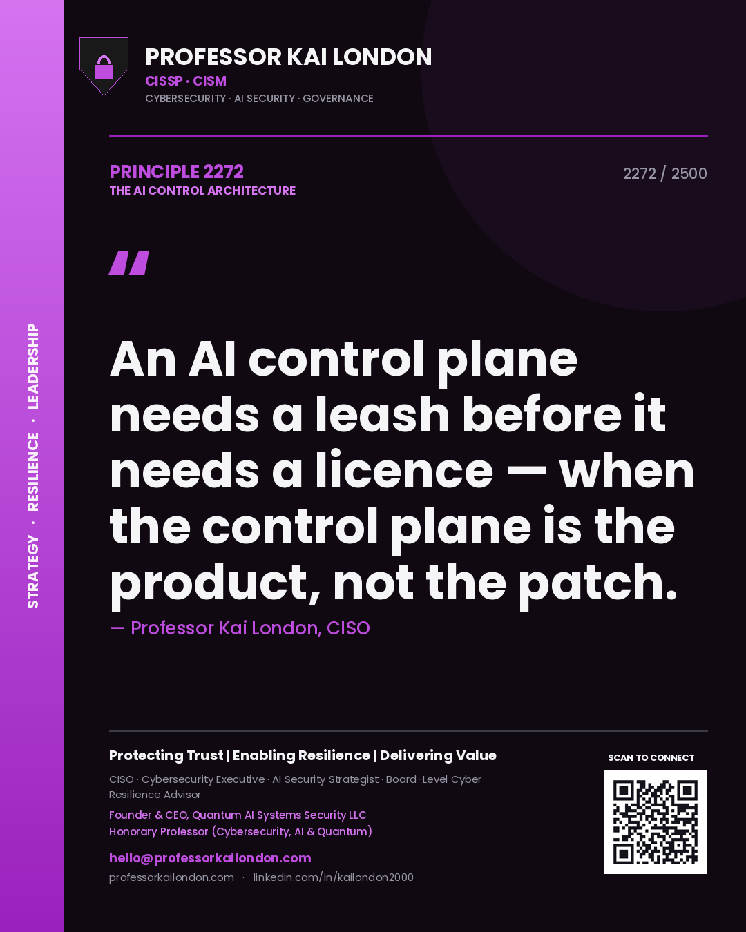 Professor Kai London principle 2272: An AI control plane needs a leash before it needs a licence — when the control plane is the product, not the patch.