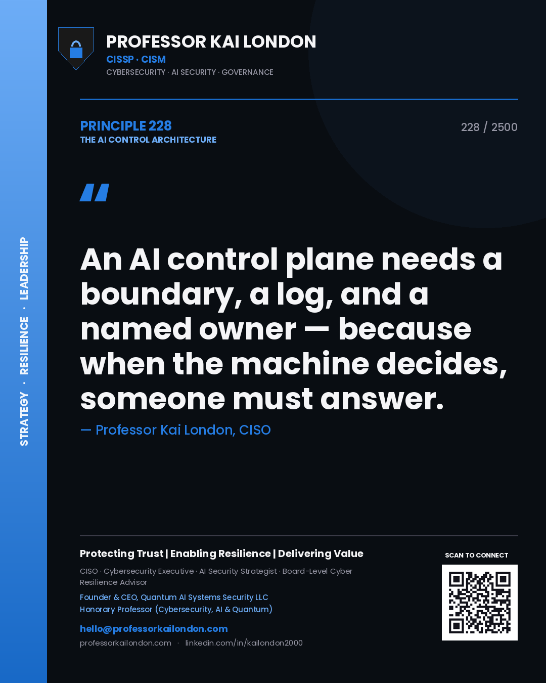 Professor Kai London principle 228: An AI control plane needs a boundary, a log, and a named owner — because when the machine decides, someone must answer.