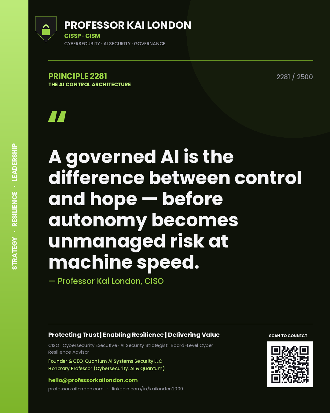 Professor Kai London principle 2281: A governed AI is the difference between control and hope — before autonomy becomes unmanaged risk at machine speed.