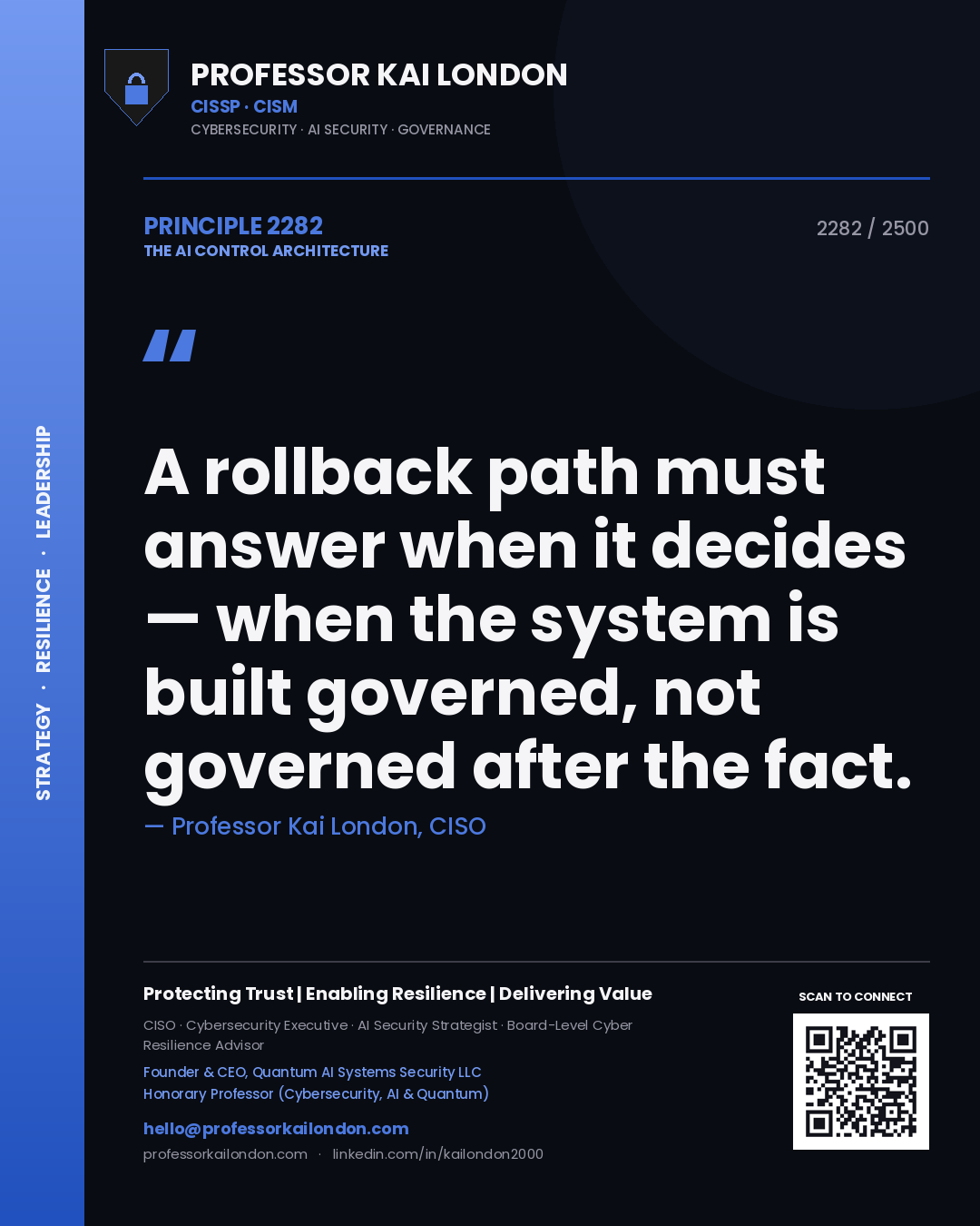 Professor Kai London principle 2282: A rollback path must answer when it decides — when the system is built governed, not governed after the fact.