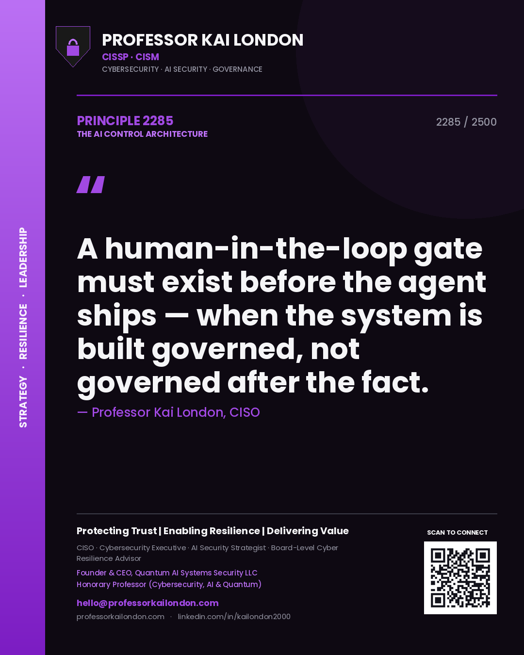Professor Kai London principle 2285: A human-in-the-loop gate must exist before the agent ships — when the system is built governed, not governed after the fact.