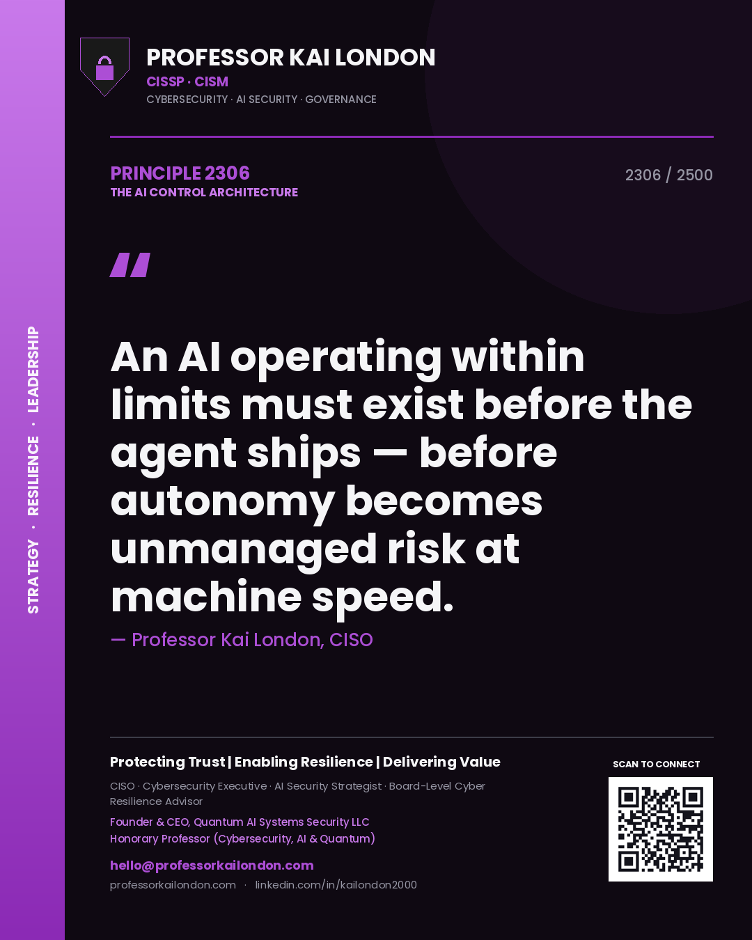Quote card by Professor Kai London reading 'An AI operating within limits must exist before the agent ships — before autonomy becomes unmanaged risk at machine speed.'. From the book The AI Control Architecture.