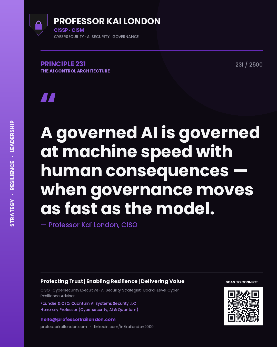 Professor Kai London principle 231: A governed AI is governed at machine speed with human consequences — when governance moves as fast as the model.