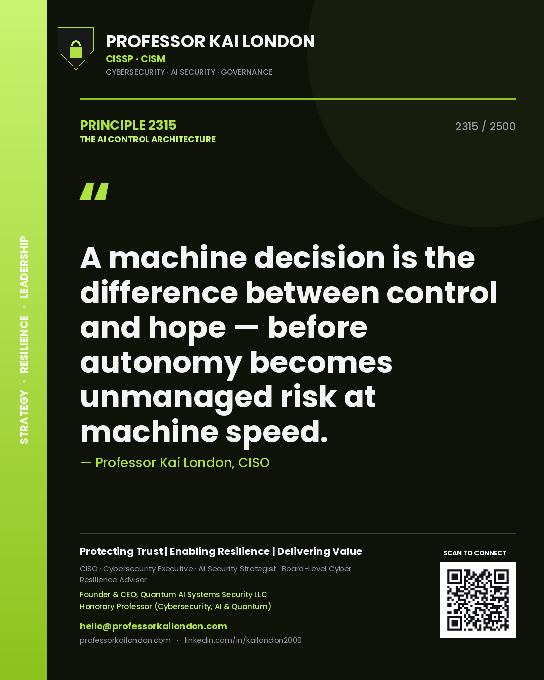 Professor Kai London principle 2315: A machine decision is the difference between control and hope — before autonomy becomes unmanaged risk at machine speed.
