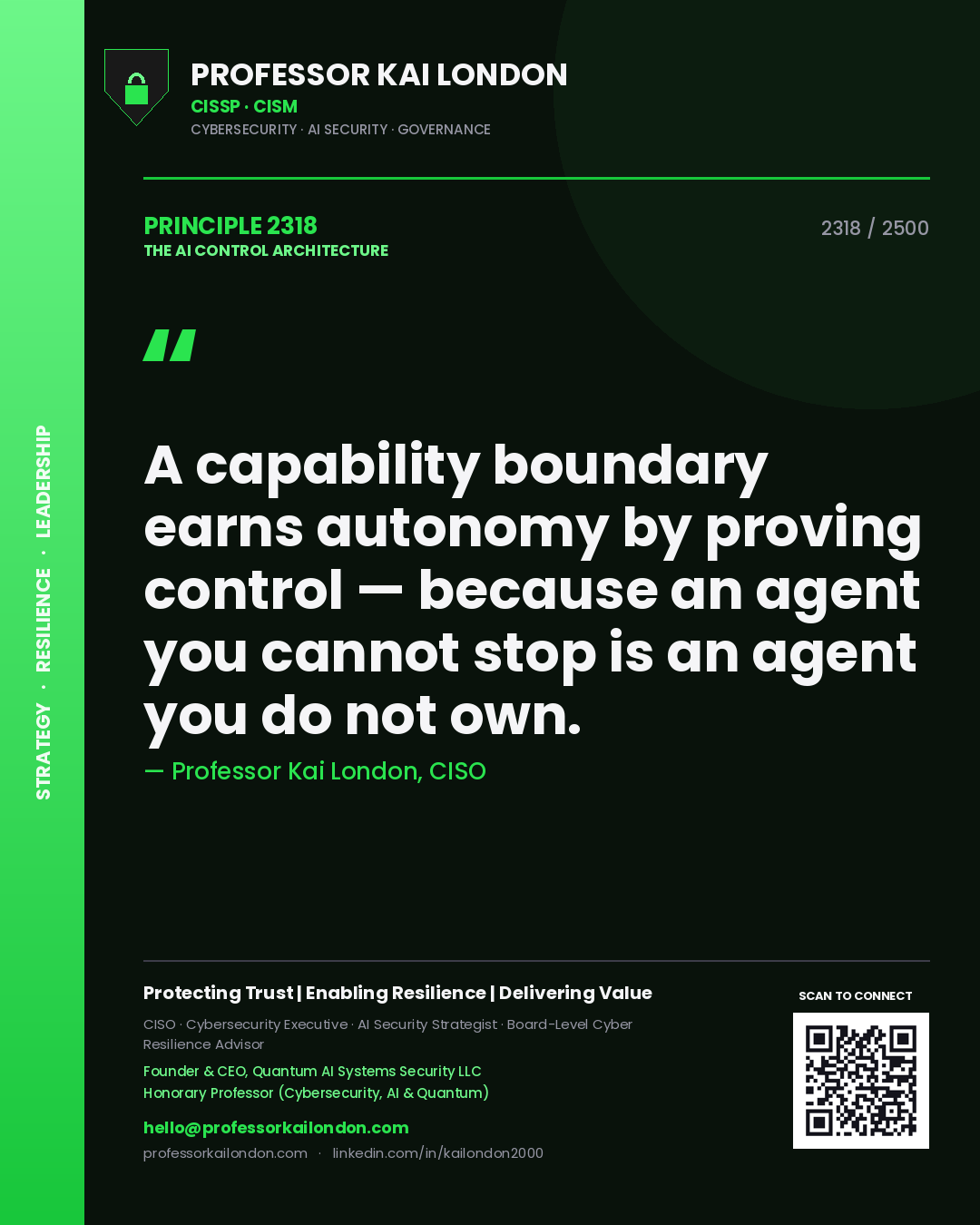 Quote card by Professor Kai London reading 'A capability boundary earns autonomy by proving control — because an agent you cannot stop is an agent you do not own.'. From the book The AI Control Architecture.