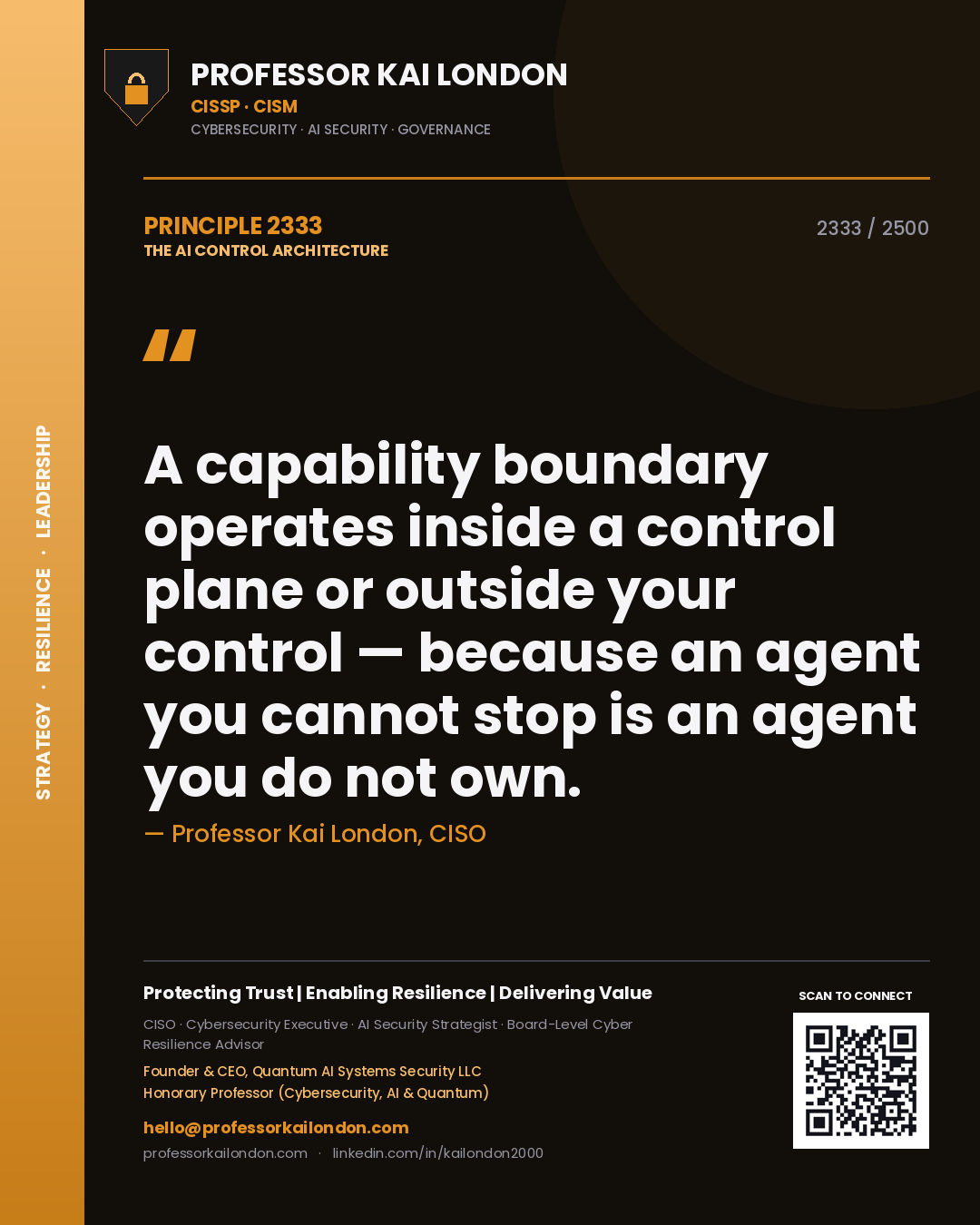 Quote card by Professor Kai London reading 'A capability boundary operates inside a control plane or outside your control — because an agent you cannot stop is an agent you do not own.'. From the book The AI Control Architecture.