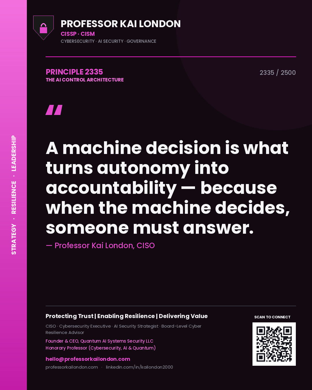 Quote card by Professor Kai London reading 'A machine decision is what turns autonomy into accountability — because when the machine decides, someone must answer.'. From the book The AI Control Architecture.