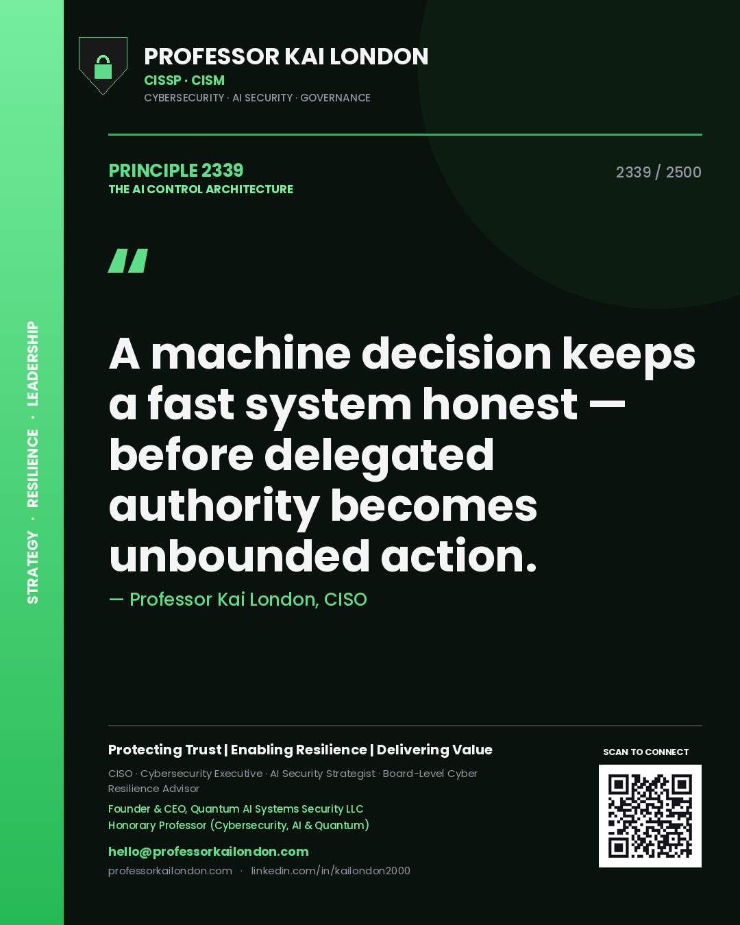 Professor Kai London principle 2339: A machine decision keeps a fast system honest — before delegated authority becomes unbounded action.