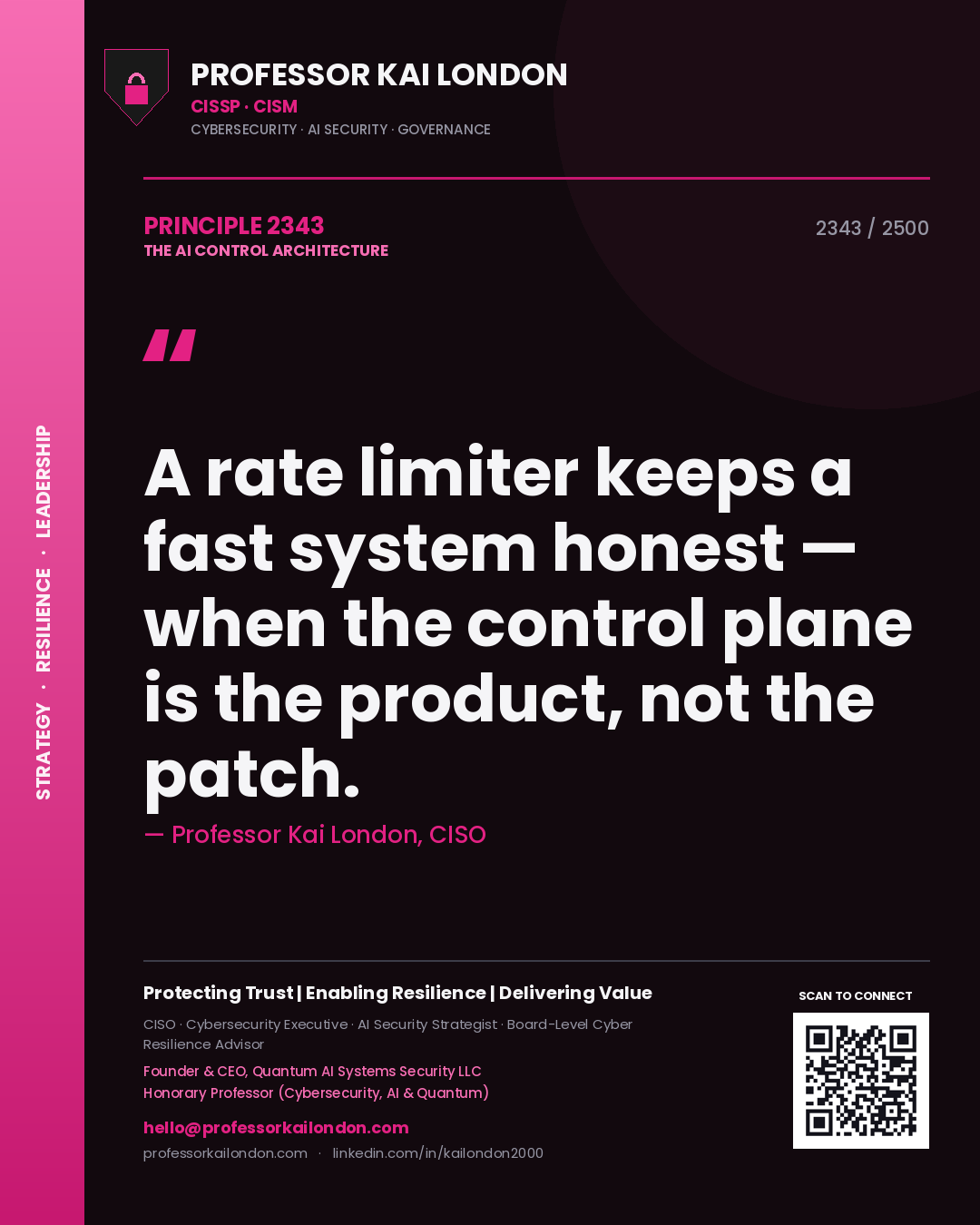 Professor Kai London principle 2343: A rate limiter keeps a fast system honest — when the control plane is the product, not the patch.