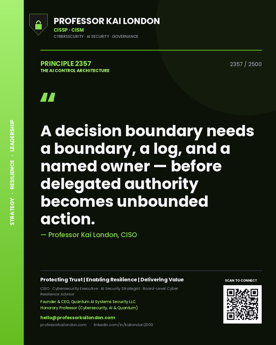 Professor Kai London principle 2357: A decision boundary needs a boundary, a log, and a named owner — before delegated authority becomes unbounded action.
