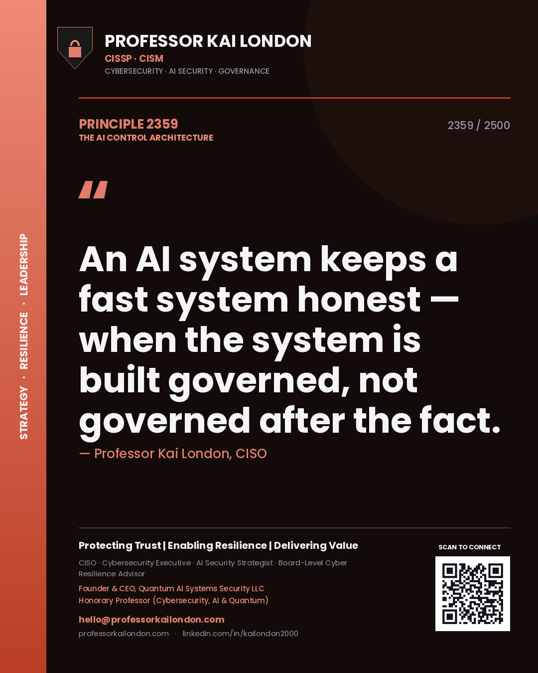 Quote card by Professor Kai London reading 'An AI system keeps a fast system honest — when the system is built governed, not governed after the fact.'. From the book The AI Control Architecture.