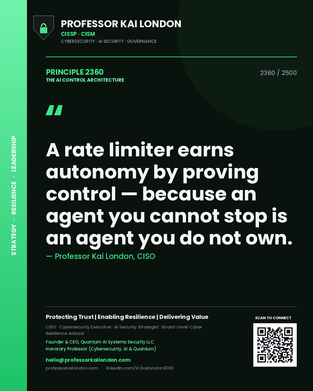 Professor Kai London principle 2360: A rate limiter earns autonomy by proving control — because an agent you cannot stop is an agent you do not own.