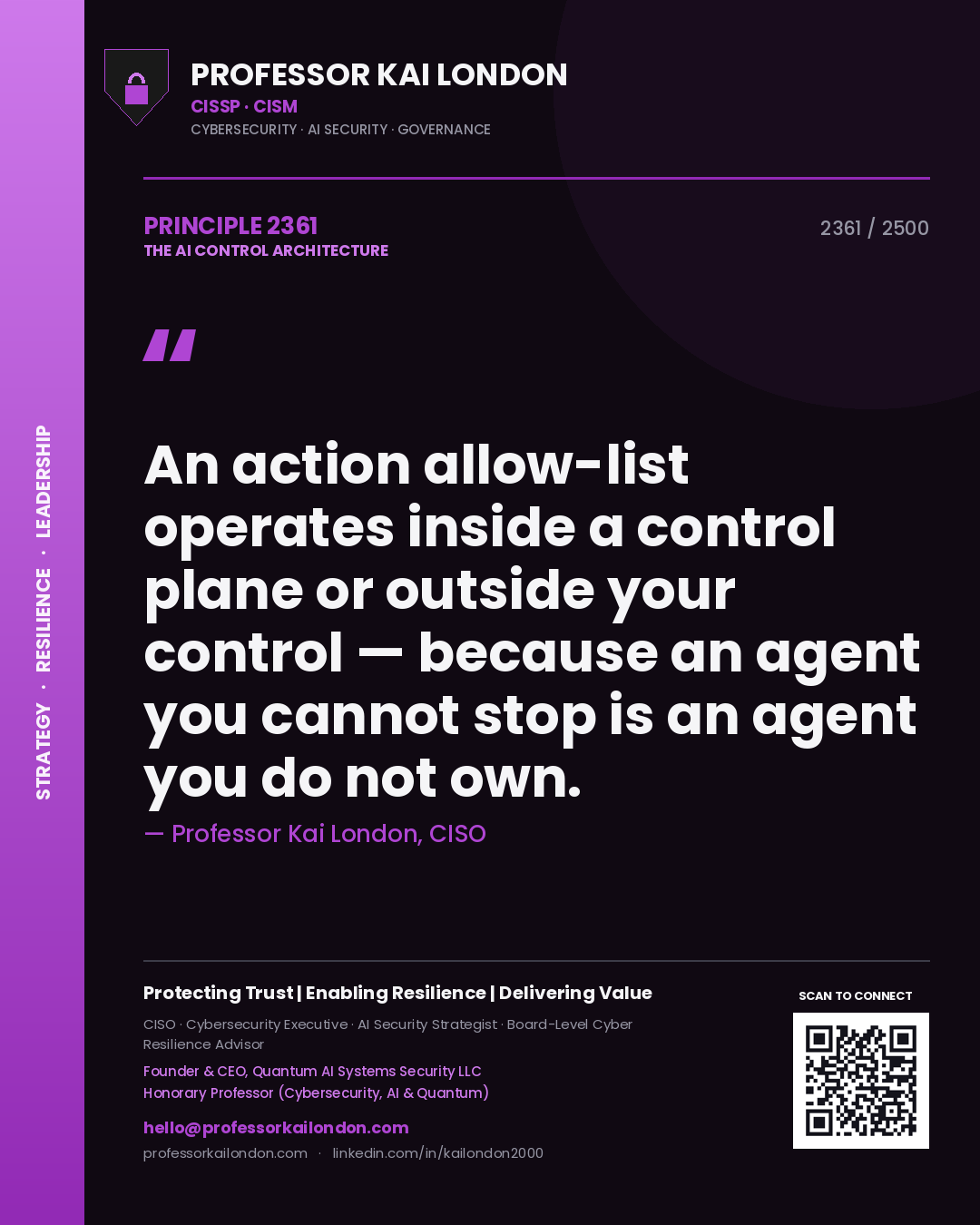 Quote card by Professor Kai London reading 'An action allow-list operates inside a control plane or outside your control — because an agent you cannot stop is an agent you do not own.'. From the book The AI Control Architecture.