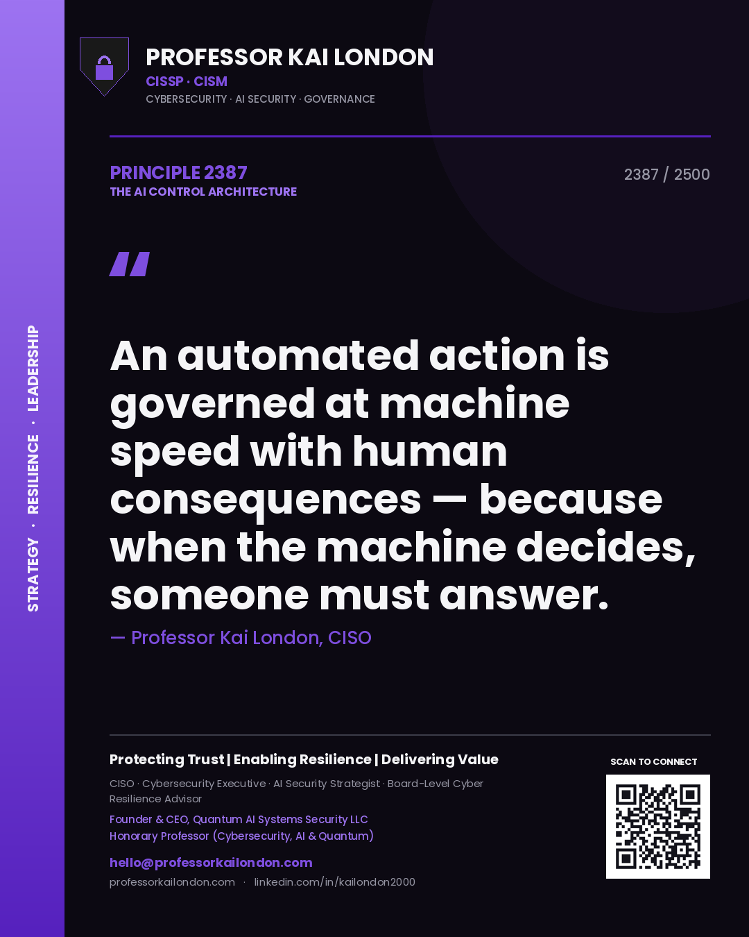 Quote card by Professor Kai London reading 'An automated action is governed at machine speed with human consequences — because when the machine decides, someone must answer.'. From the book The AI Control Architecture.