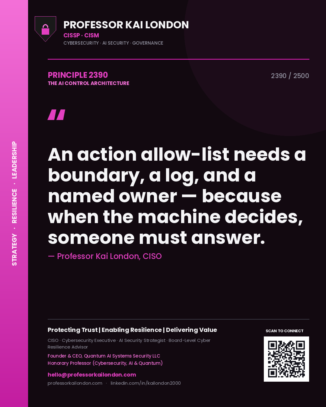 Professor Kai London principle 2390: An action allow-list needs a boundary, a log, and a named owner — because when the machine decides, someone must answer.