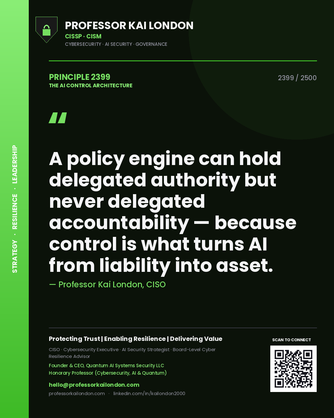 Quote card by Professor Kai London reading 'A policy engine can hold delegated authority but never delegated accountability — because control is what turns AI from liability into asset.'. From the book The AI Control Architecture.