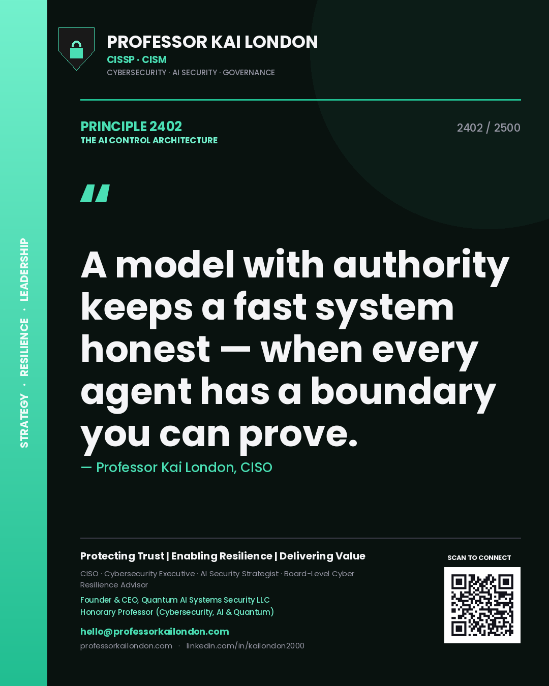 Professor Kai London principle 2402: A model with authority keeps a fast system honest — when every agent has a boundary you can prove.
