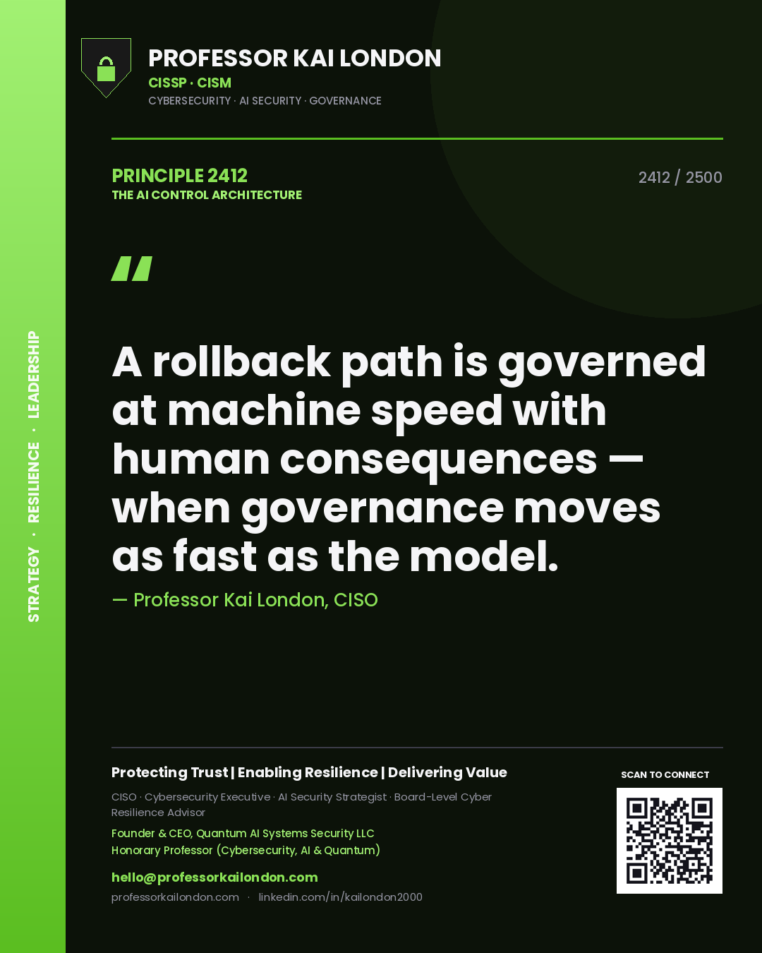 Quote card by Professor Kai London reading 'A rollback path is governed at machine speed with human consequences — when governance moves as fast as the model.'. From the book The AI Control Architecture.