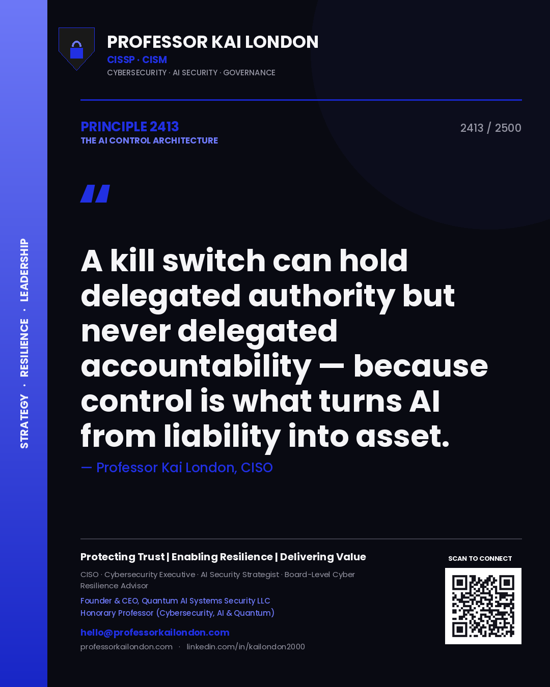 Quote card by Professor Kai London reading 'A kill switch can hold delegated authority but never delegated accountability — because control is what turns AI from liability into asset.'. From the book The AI Control Architecture.