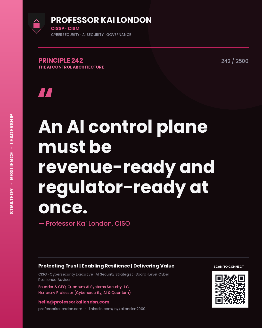 Quote card by Professor Kai London reading 'An AI control plane must be revenue-ready and regulator-ready at once.'. From the book The AI Control Architecture.